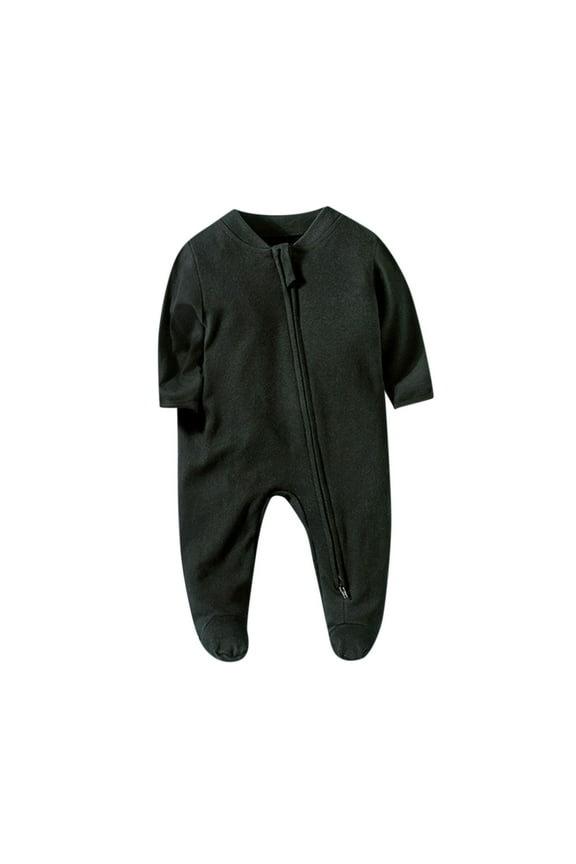 Newborn Kids Solid Color Rompers Round Neck Long Sleeve Side Zipper Rompers Comfortable Long Pants Rompers ,Size 3 Months-12 Months