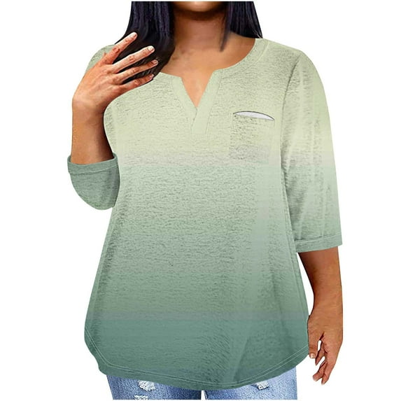 Mikilon Plus Size Tops for Women Summer V-Neck 3/4 Sleeve Blouse Casual Loose Gradient Color Shirts