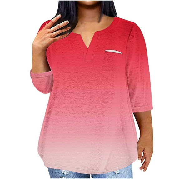 Mikilon Plus Size Tops for Women Summer V-Neck 3/4 Sleeve Blouse Casual Loose Gradient Color Shirts