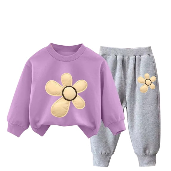 Mikilon Plus Velvet Sweat Sets for Kids Size 3-9 Years Round Neck Long Sleeve Sweatpants Elastic Waist Wide Leg Pants Fall and Winter Thermal Outfit Sets