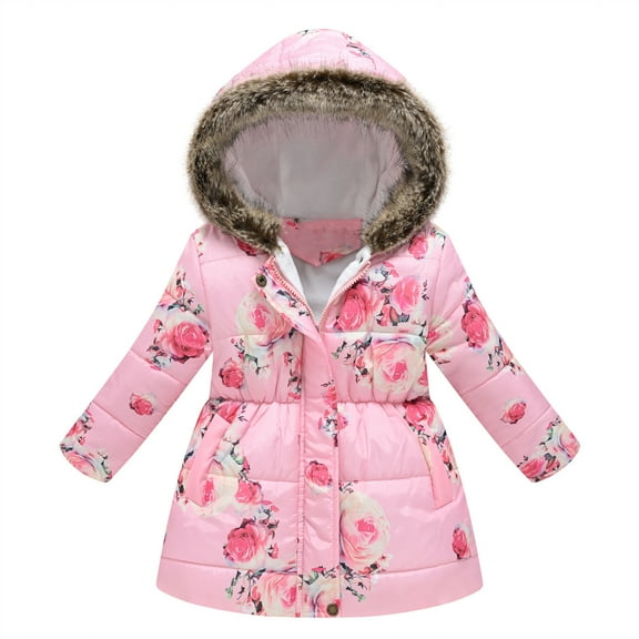 Mikilon Puffer Jacket for Kids Size 8-14 Years Floral Print Jacket Plus Velvet and Thicken Warm Windproof Coat Winter Thermal Outwear Jackets