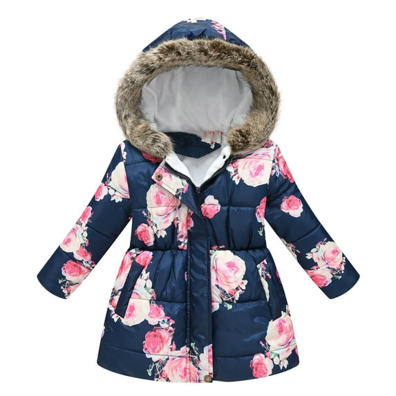 Mikilon Puffer Jacket for Kids Size 8-14 Years Floral Print Jacket Plus Velvet and Thicken Warm Windproof Coat Winter Thermal Outwear Jackets