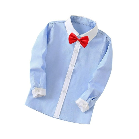 Mikilon Shirts for Boys Solid Color Stand-up Neck Long Sleeve Thin Shirts Bow Tied School Shirts ,Size 3-9 Years