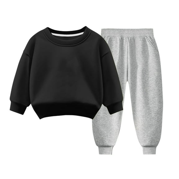 Mikilon Solid Color Sweat Sets for Kids Size 3-8 Years Round Neck Long Sleeve Sweatpants Elastic Waist Wide Leg Pants Fall and Winter Thermal Outfit Sets