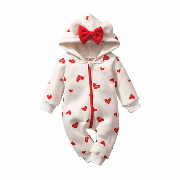 Mikilon Spring and Autumn Toddler Baby Love Bow Zipper Shirt Long Sleeve Hooded Romper Thin Bodysuit Jumpsuit Onesies Girls 3-6 Months White on Discount