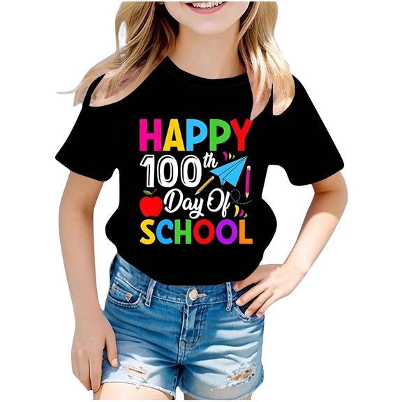 Fesfesfes Spring and Summer Children's Short Sleeved Printed Pattern T-shirt Round Neck Half Sleeved Casual Versatile Top for Kids Girls 3-14Years(Black,7 Years)