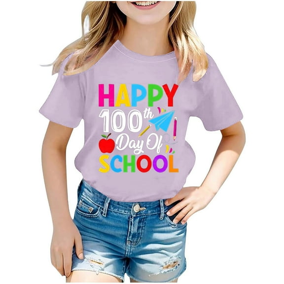 Fesfesfes Spring and Summer Children's Short Sleeved Printed Pattern T-shirt Round Neck Half Sleeved Casual Versatile Top for Kids Girls 3-14Years(Purple,5 Years)