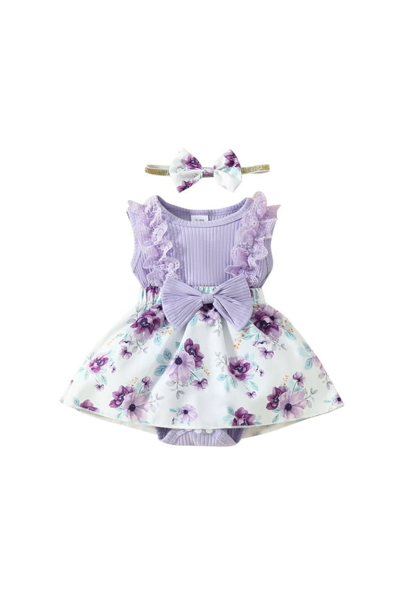 Spring and Summer Babys Girl Rompers Floral Print Sleeveless Rompers Comfortable Bow Elastic Waist Rompers ,Size 3 Months-18 Months