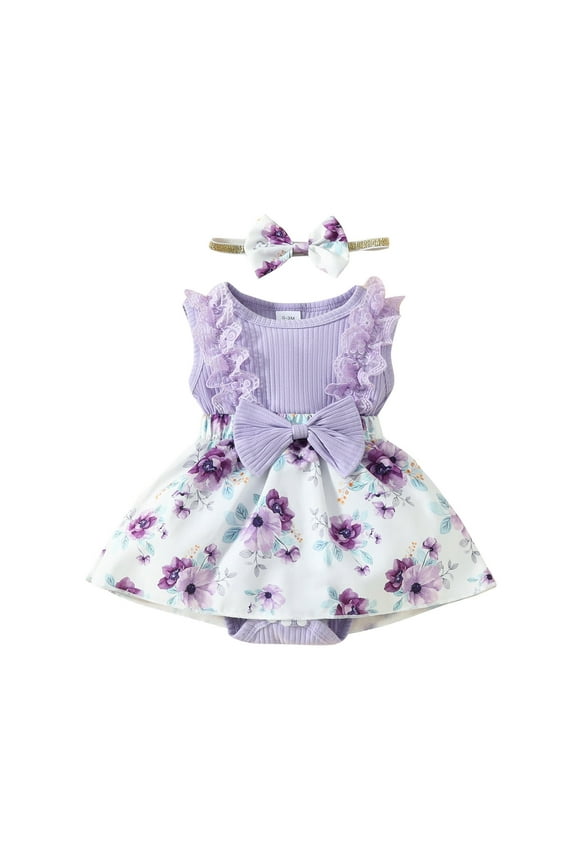 Spring and Summer Babys Girl Rompers Floral Print Sleeveless Rompers Comfortable Bow Elastic Waist Rompers ,Size 3 Months-18 Months