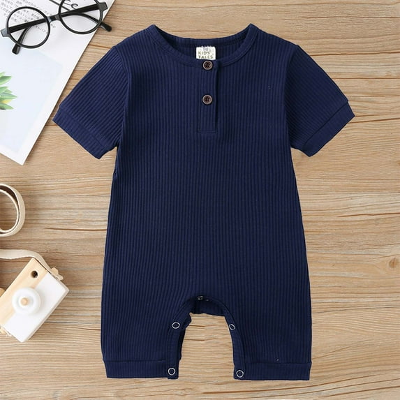 Mikilon Summer Knitted Rompers for Babys Solid Color Short Sleeve Button-Up 鈥孯ompers Comfortable Round Neck Rompers ,Size 0 Month-18 Months