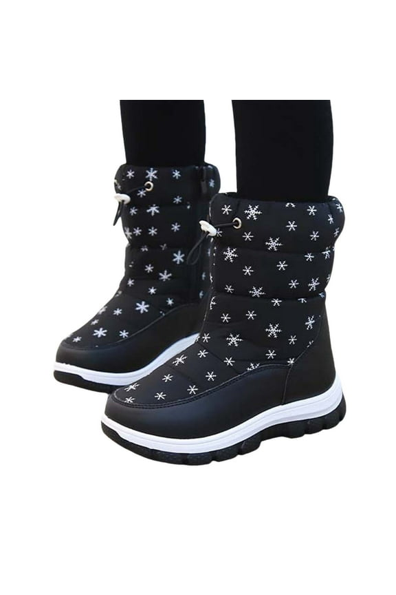 Mikilon Winter Girls Snow Boots Size 28-36 Snowflake Print High Tube Warm Shoes Outdoor Thicken Ski Boots