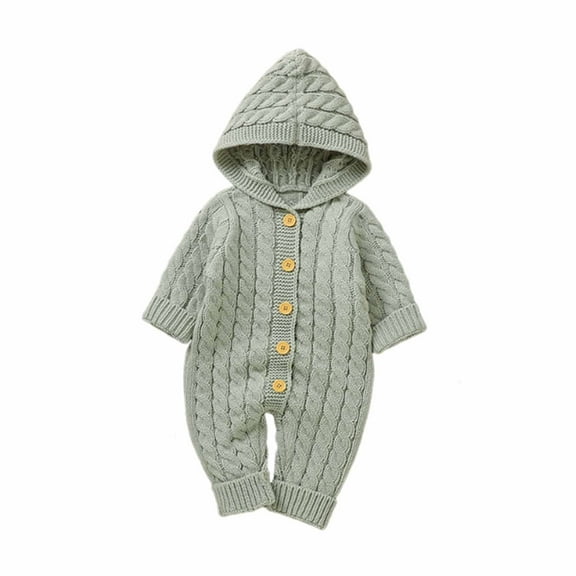 Mikilon Winter Newborn Baby Boy/Girl Solid Romper Unisex Infants Hooded Outfit Clothes Knit Button Down Jumpsuits