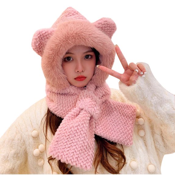 Fesfesfes Winter Solid Color Plus Velvet Hat Scarf in One for Women Warm Cold Proof Neck Scarf Earmuffs Hat Cute Ears Ornamental Hats
