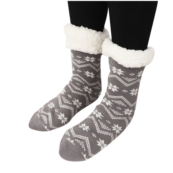 Mikilon Winter Women's Thicken Warm Socks Snowflakes Print Plus Velvet Socks Christmas Casual Middle Tube Socks