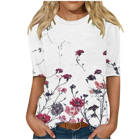Mikilon Women 1/2 Sleeves Casual Shirts Pullover Loose Tops Floral Print Blouses