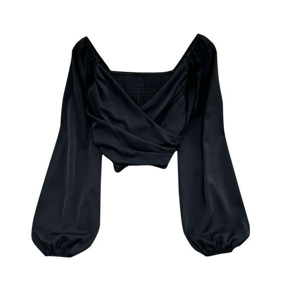 Mikilon Women Backless Crop Blouses V-neck Long Sleeve Shirts Solid Color Puff Sleeve Tops