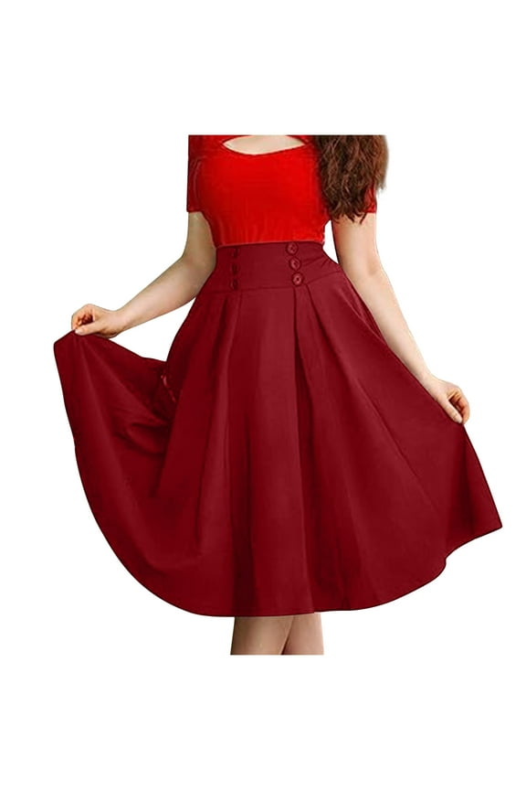 Mikilon Women Casual High Waiste Skirt Solid Color Button Down Skirt Pleated Long Skirts