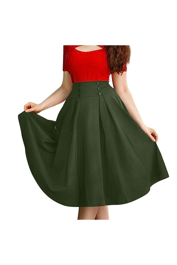 Mikilon Women Casual High Waiste Skirt Solid Color Button Down Skirt Pleated Long Skirts