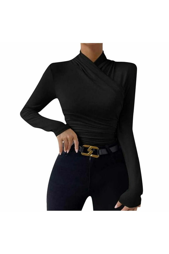 Mikilon Women Cross Collar Long Sleeve Shirts Casual Solid Color Slim Blouse