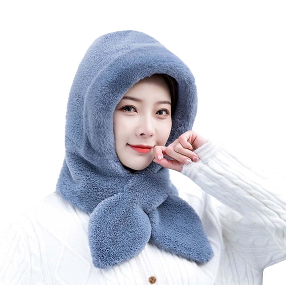 Mikilon Women Cute Ears Ornamental Hats Winter Solid Color Plus Velvet Hat Scarf in One for Women Warm Cold Proof Neck Scarf Earmuffs Hat