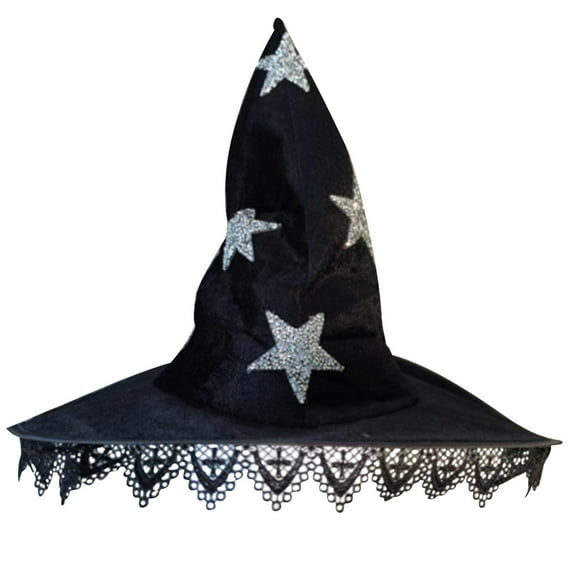 Mikilon Women Halloween Black Witch Hats Starts Print Peaked Hats Fashion Lace Party/Performance Hats