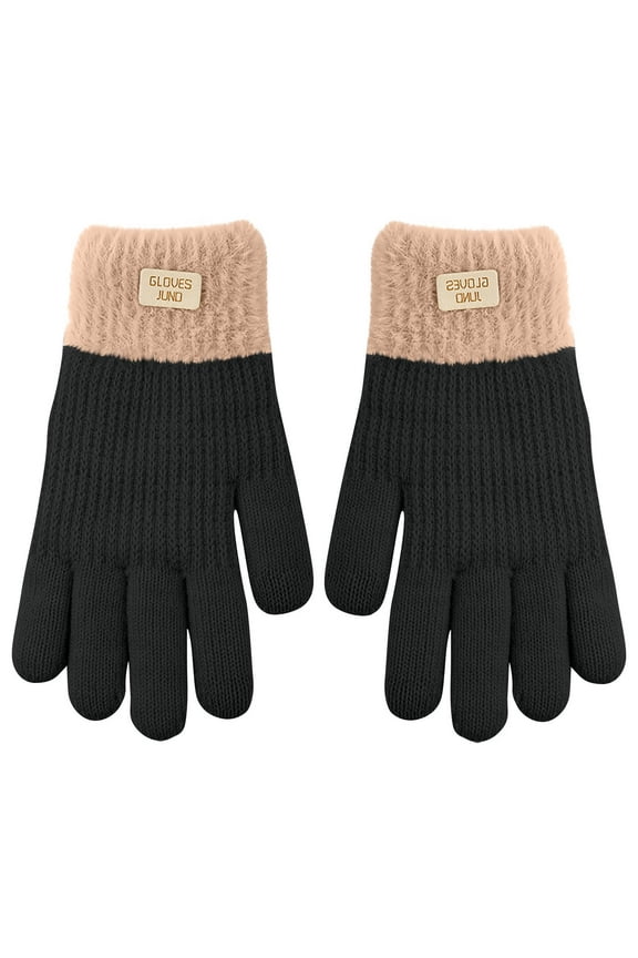 Mikilon Women Patchwork Color Letter Print Gloves Plus Velvet and Thicken Knitted Gloves Winter Windproof Soft Gloves