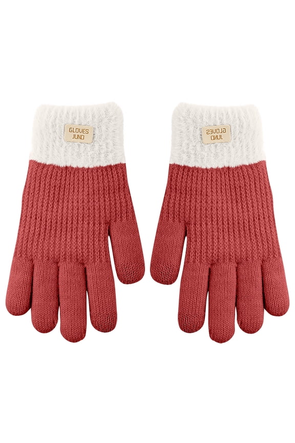 Mikilon Women Patchwork Color Letter Print Gloves Plus Velvet and Thicken Knitted Gloves Winter Windproof Soft Gloves