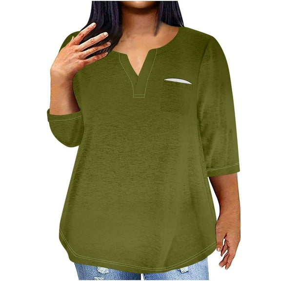 Mikilon Women Plus Size V-Neck Tops Summer Casual Loose 3/4 Sleeve Blouses Solid Color Shirts