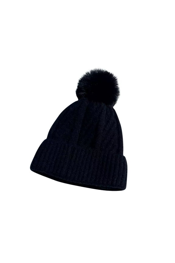 Mikilon Women Plus Velvet Kintted Hats Winter Solid Color Pom-Pom Thicken Warm Hats Outdoor Puffball Thermal Hats