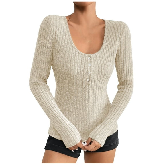 Mikilon Women Scoop Neck Slim Tops Casual Long Sleeve Blouses Solid Color Comfortable Shirts