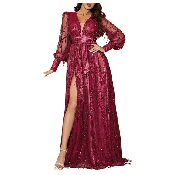 Mikilon Women Side Slit Sequin Dress Solid Color Long Sleeve Evening Dress V-Neck Fringe Dress