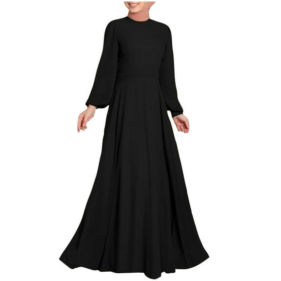 Mikilon Women Solid Color Maxi Dress Versatile Comfort Temperament Long Sleeve Round Neck Dress
