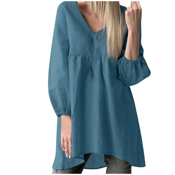 Mikilon Women V-Neck Long Sleeve Loose Tops Solid Color Casual Long Blouse
