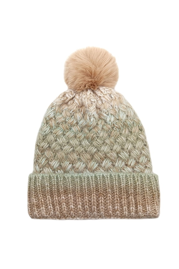 Mikilon Women Winter Gradient Color Puffball Hats Versatile Knitted Round Top Hats Comfortable Pom-Pom Hats