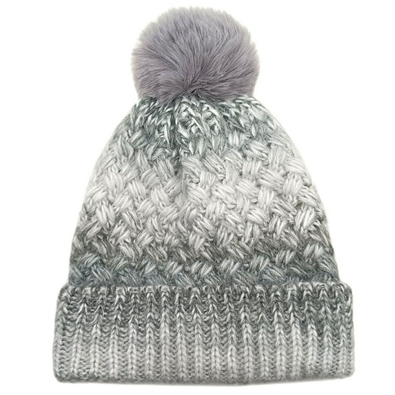 Mikilon Women Winter Gradient Color Puffball Hats Versatile Knitted Round Top Hats Comfortable Pom-Pom Hats