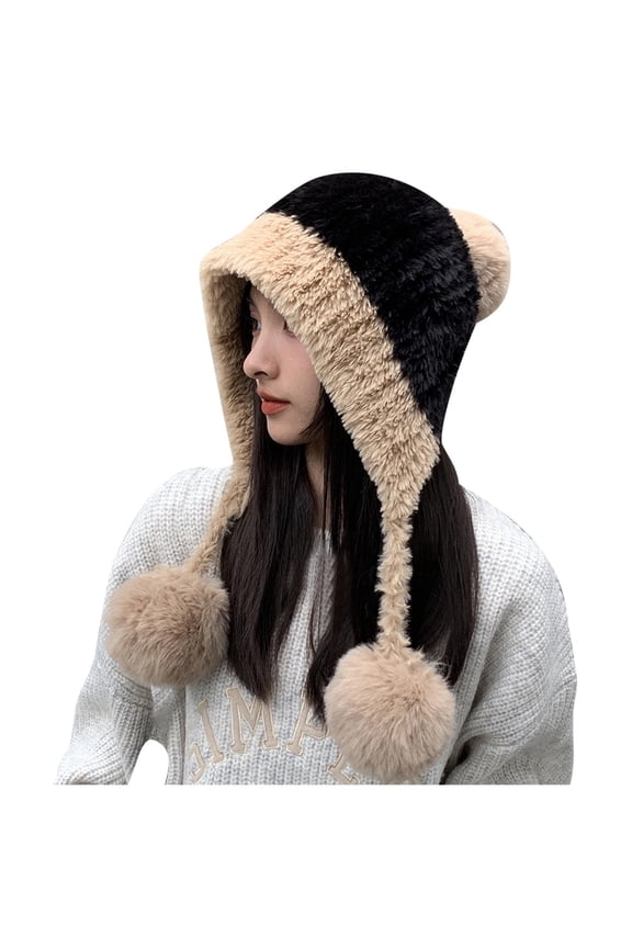 Mikilon Women Winter Knitted Hats Fashion Cute Outdoor Warmth Thick Velvet Hats Comfortable Patchwork Color Thermal Pom-Pom Hats