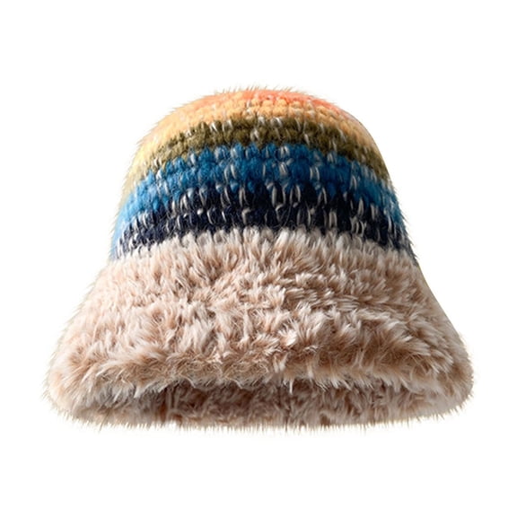 Mikilon Women Winter Pom-Pom Hats Patchwork Color Vintage Stylish Versatile Drawstring Warm Hats Ear-Protection Thicken Thermal Hats