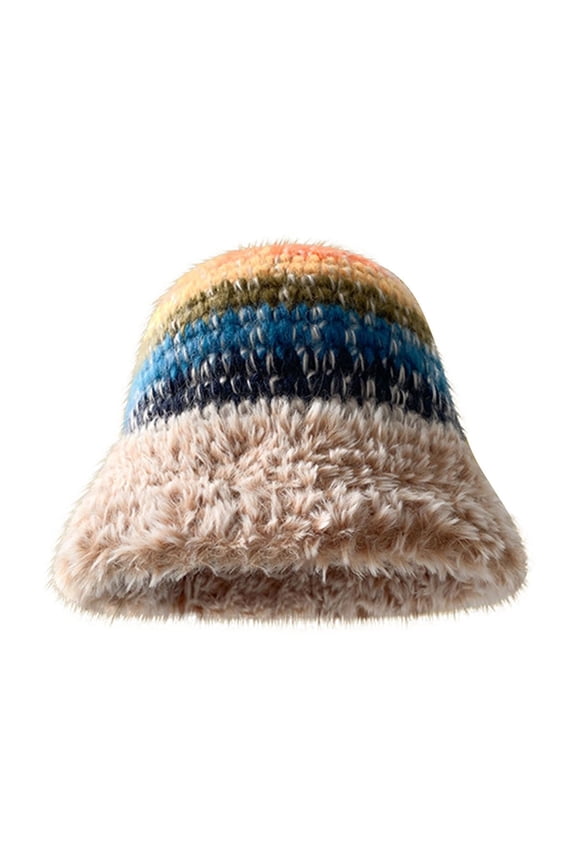 Mikilon Women Winter Pom-Pom Hats Patchwork Color Vintage Stylish Versatile Drawstring Warm Hats Ear-Protection Thicken Thermal Hats