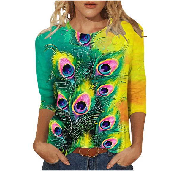 Mikilon Women's 3/4 Sleeves Blouses Floral Printed Round Neck Casual Tops Summer Casual Tops