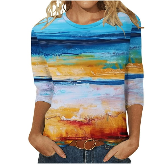 Mikilon Women's 3/4 Sleeves Blouses Floral Printed Round Neck Casual Tops Summer Casual Tops