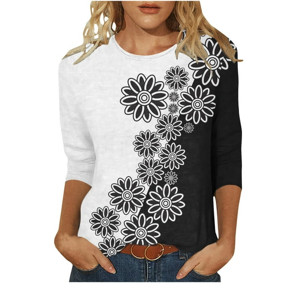 Mikilon Women's 3/4 Sleeves Blouses Floral Printed Round Neck Casual Tops Summer Casual Tops