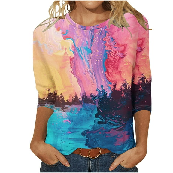 Mikilon Women's 3/4 Sleeves Blouses Floral Printed Round Neck Casual Tops Summer Casual Tops