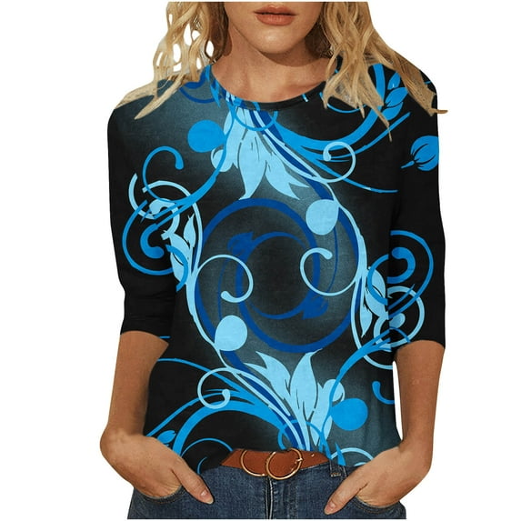 Mikilon Women's 3/4 Sleeves Blouses Floral Printed Round Neck Casual Tops Summer Casual Tops