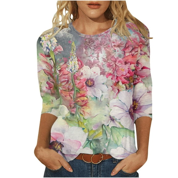 Mikilon Women's 3/4 Sleeves Blouses Floral Printed Round Neck Casual Tops Summer Casual Tops