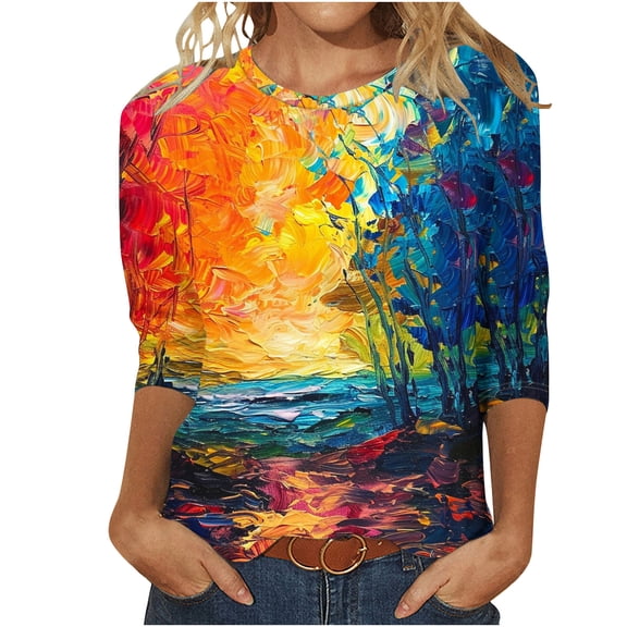 Mikilon Women's 3/4 Sleeves Blouses Floral Printed Round Neck Casual Tops Summer Casual Tops