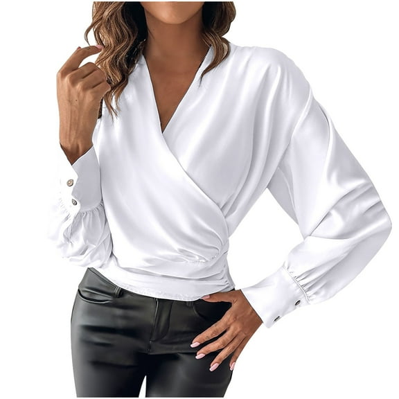 Mikilon Women's Business V-Neck Shirts Long Sleeve Solid Color Blouses Cinch the Waist Tops