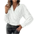 thumbnail image 1 of Mikilon Women's Business V-Neck Shirts Long Sleeve Solid Color Blouses Cinch the Waist Tops, 1 of 7