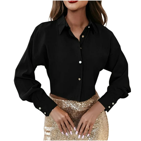 Mikilon Women's Casual Lapel Shirts Solid Color Long Sleeve Button Down Tops Loose Workwear Blouses