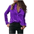 thumbnail image 1 of Mikilon Women's Casual Lapel Shirts Solid Color Round Neck Loose Tops Button Down Long Sleeve Blouses, 1 of 5