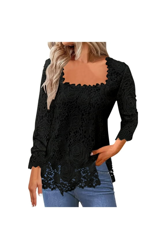 Women's Casual Square Neckline Blouses Solid Color Long Sleeve Lace Shirts